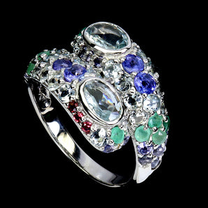 925 Sterling Silver Ring Aquamarine 7x5mm Emerald Garnet Tanzanite Jewelry Sz 8