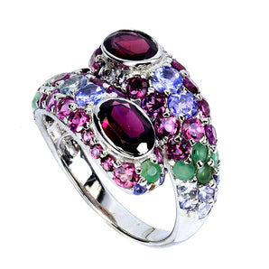 925 Sterling Silver Ring Oval Rhodolite 7x5mm Emerald Tanzanite Jewelry Size 8