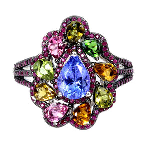 925 Sterling Silver Ring Pear Tanzanite 8x6mm Ruby Tourmaline Gemstone Size 8.5