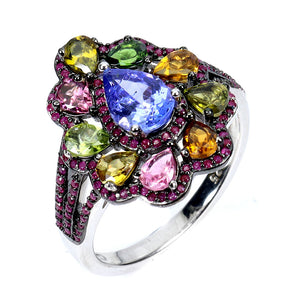 925 Sterling Silver Ring Pear Tanzanite 8x6mm Ruby Tourmaline Gemstone Size 8.5