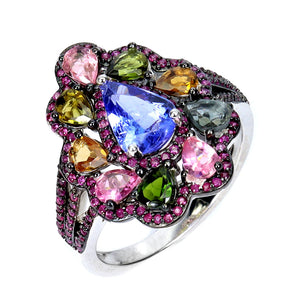 925 Sterling Silver Ring Pear Tanzanite 8x6mm Ruby Tourmaline Gemstone Size 7.5