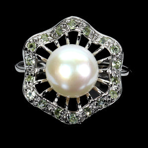 925 Sterling Silver Ring Round Peridot Pearl Flower Gemstone Jewelry Size 7.5