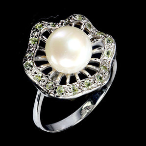 925 Sterling Silver Ring Round Peridot Pearl Flower Gemstone Jewelry Size 7.5