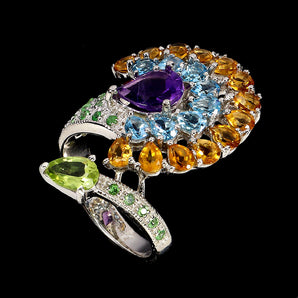 925 Sterling Silver Ring Pear Amethyst 10x7mm Topaz Tsavorite Gemstone Size 9