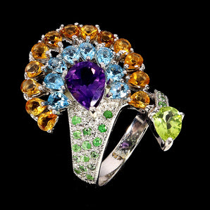 925 Sterling Silver Ring Pear Amethyst 10x7mm Topaz Tsavorite Gemstone Size 9