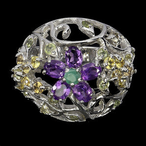 925 Sterling Silver Ring Oval Amethyst Emerald Sapphire Gemstone Jewelry Sz 7.5