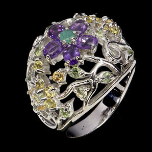925 Sterling Silver Ring Oval Amethyst Emerald Sapphire Gemstone Jewelry Sz 7.5