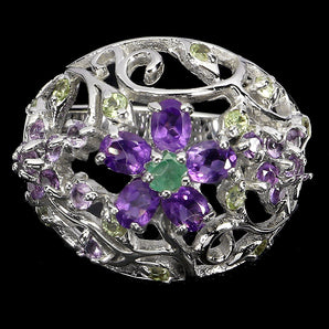 925 Sterling Silver Ring Oval Amethyst Emerald Peridot Gemstone Jewelry Size 7.5