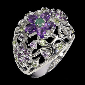 925 Sterling Silver Ring Oval Amethyst Emerald Peridot Gemstone Jewelry Size 7.5