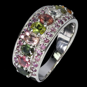 925 Sterling Silver Ring Oval Tourmaline 4x3mm Rhodolite Gemstone Jewelry Size 7