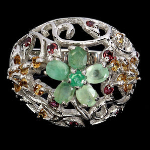925 Sterling Silver Ring Oval Emerald Rhodolite Sapphire Gemstone Jewelry Size 9