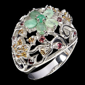 925 Sterling Silver Ring Oval Emerald Rhodolite Sapphire Gemstone Jewelry Size 9