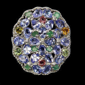 925 Sterling Silver Ring Pear Tanzanite Emerald Tourmaline Gemstone Jewelry Sz 8