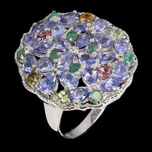 925 Sterling Silver Ring Pear Tanzanite Emerald Tourmaline Gemstone Jewelry Sz 8