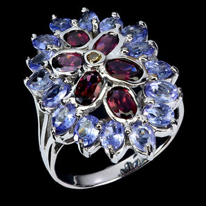 925 Sterling Silver Ring Oval Rhodolite 5x3mm Sapphire Tanzanite Gemstone Size 8