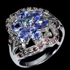 925 Sterling Silver Ring Oval Tanzanite 5x4mm Rhodolite Gemstone Jewelry Size 9
