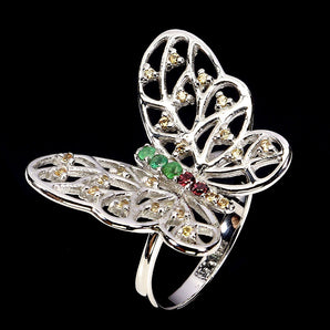 925 Sterling Silver Ring Round \emerald Sapphire Butterfly Gemstone Jewelry Sz 8