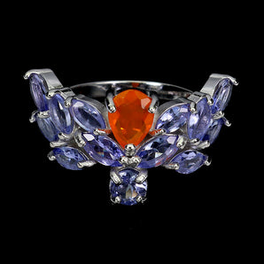 925 Sterling Silver Ring Pear Orange Opal 7x5mm Tanzanite Gemstone Jewelry Sz 8