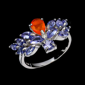925 Sterling Silver Ring Pear Orange Opal 7x5mm Tanzanite Gemstone Jewelry Sz 8