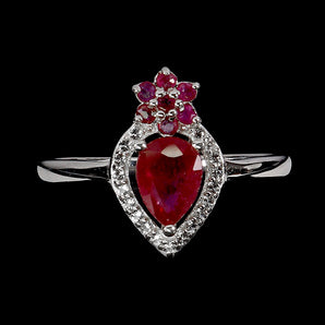 925 Sterling Silver Ring Pear Ruby 7x5mm White Topaz Gemstone Jewelry Size 8