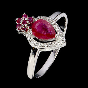 925 Sterling Silver Ring Pear Ruby 7x5mm White Topaz Gemstone Jewelry Size 8