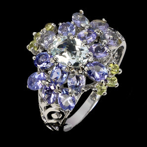 925 Sterling Silver Ring Oval Aquamarine 7x5mm Peridot Tanzanite Gemstone Size 8