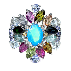 925 Sterling Silver Ring Oval Blue Opal 7x5mm Aquamarine Tourmaline Gemstone 9