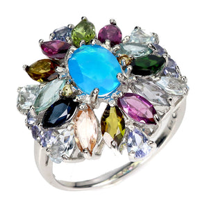 925 Sterling Silver Ring Oval Blue Opal 7x5mm Aquamarine Tourmaline Gemstone 9