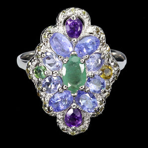 925 Sterling Silver Ring Oval Emerald 6x4mm Amethyst Tanzanite Gemstone Size 9