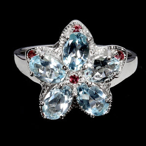 925 Sterling Silver Ring Oval Aquamarine 6x4mm Rhodolite Gemstone Jewelry Size 8