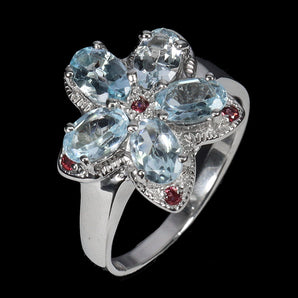 925 Sterling Silver Ring Oval Aquamarine 6x4mm Rhodolite Gemstone Jewelry Size 8