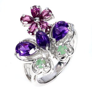 925 Sterling Silver Ring Pear Amethyst Emerald Rhodolite Gemstone Jewelry Sz 9