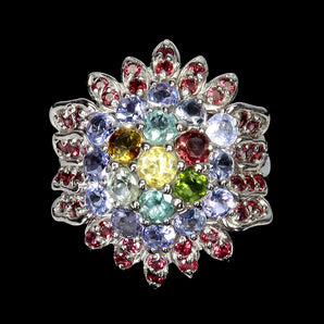925 Sterling Silver Ring Round Tourmaline Rhodolite Tanzanite Gemstone Jewelry 7