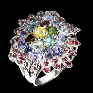925 Sterling Silver Ring Round Tourmaline Rhodolite Tanzanite Gemstone Jewelry 7