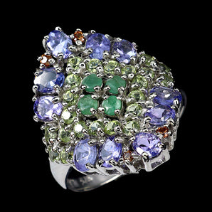 925 Sterling Silver Ring Oval Tanzanite Emerald Peridot Gemstone Jewelry Size 8