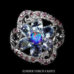 925 Sterling Silver Ring Oval Tanzanite Black Opal Rhodolite Gemstone Jewelry 7