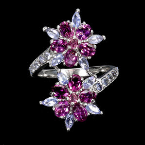 925 Sterling Silver Ring Oval Rhodolite Garnet Tanzanite Gemstone Jewelry Size 7