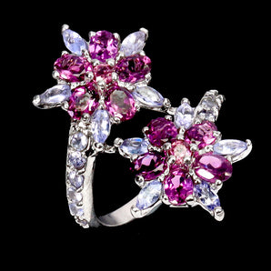 925 Sterling Silver Ring Oval Rhodolite Garnet Tanzanite Gemstone Jewelry Size 7