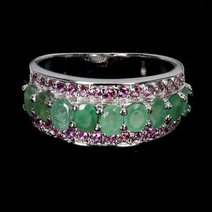 925 Sterling Silver Ring Oval Emerald Rhodolite Garnet Gemstone Jewelry Size 9