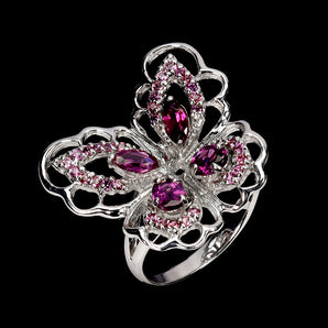 925 Sterling Silver Ring Oval Rhodolite Garnet Gemstone Butterfly Jewelry Size 9