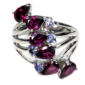 925 Sterling Silver Ring Pear Rhodolite Garnet Tanzanite Gemstone Jewelry Size 8