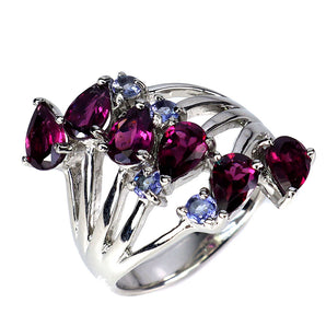 925 Sterling Silver Ring Pear Rhodolite Garnet Tanzanite Gemstone Jewelry Size 8