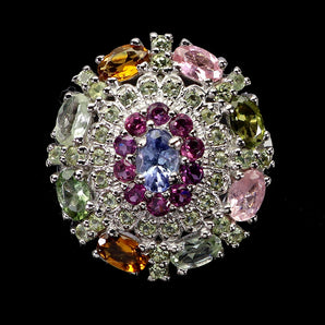 925 Sterling Silver Ring Oval Tanzanite Peridot Tourmaline Gemstone Jewelry Sz 9