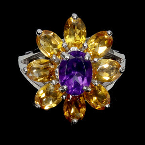 925 Sterling Silver Ring Oval Amethyst 8x6mm Citrine Gemstone Jewelry Size 8.5