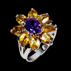 925 Sterling Silver Ring Oval Amethyst 8x6mm Citrine Gemstone Jewelry Size 8.5