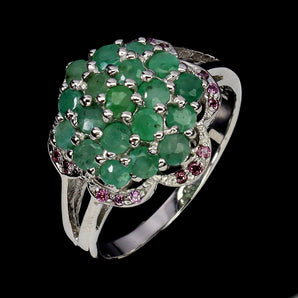 925 Sterling Silver Ring Round Emerald Rhodolite Garnet Gemstone Jewelry Size 8