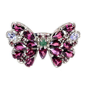 925 Sterling Silver Ring Pear Rhodolite Emerald Tanzanite Butterfly Gemstone 7.5