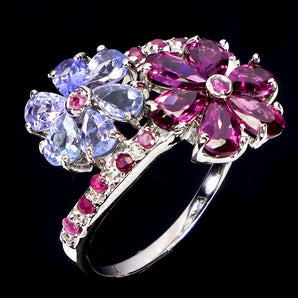 925 Sterling Silver Ring Pear Rhodolite Garnet Ruby Tanzanite Gemstone Jewelry 7