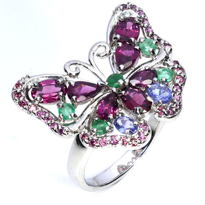 925 Sterling Silver Ring Oval Rhodolite Emerald Tanzanite Butterfly Gemstone 9