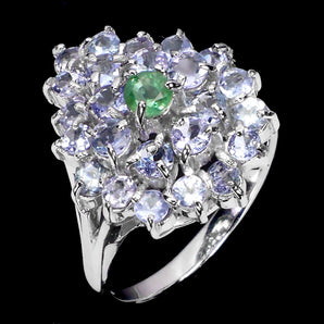 925 Sterling Silver Ring Round Emerald 3mm Tanzanite Natural Gemstone Jewelry 7
